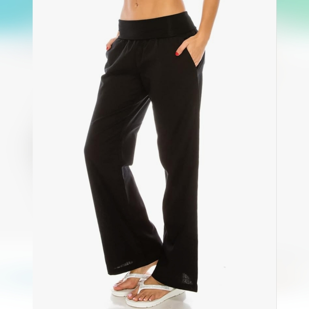 Elegant Black Women's  Comfy Fold Over Linen Pants
